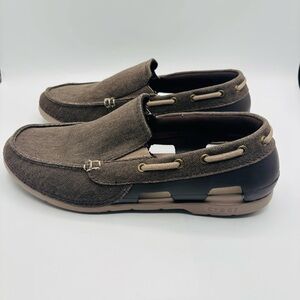 CROCS Men's Brown Canvas Slip-On Boat Shoe with Tan Accents